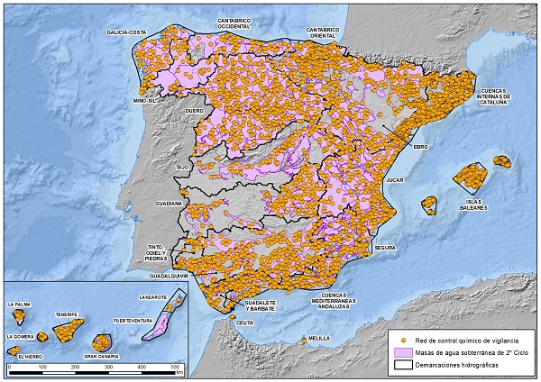 Distribución de los puntos de la red incluidos en el Programa Químico de Vigilancia según las diferentes demarcaciones hidrográficas (Haga clic para ampliar)