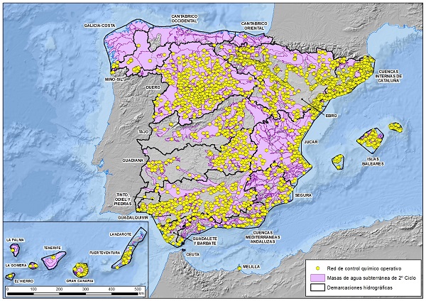 Distribución de los puntos de la red incluidos en el Programa Químico Operativo según las diferentes demarcaciones hidrográficas (Haga clic en la imagen para ampliar)