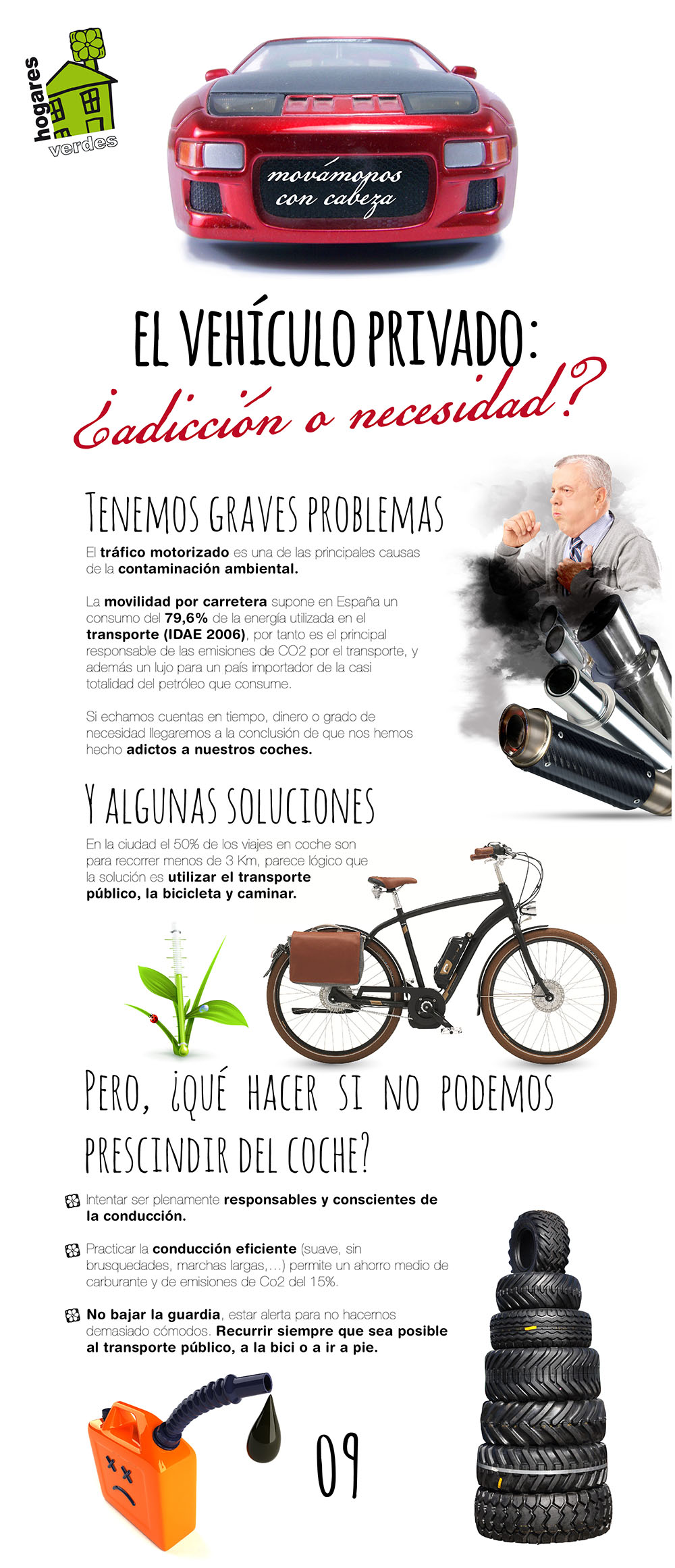 Panel 10 de la exposición Programa Hogares Verdes: El vehículo privado ¿adicción o necesidad?. El tráfico motorizado es una de las principales causas de la contaminación atmosférica mundial. Por ello, la movilidad debe ser algo que debemos cambiar: podemos usar más la bicicleta o caminar. De esta manera no sólo mejorará el medio ambiente, sino también nuestra salud. 