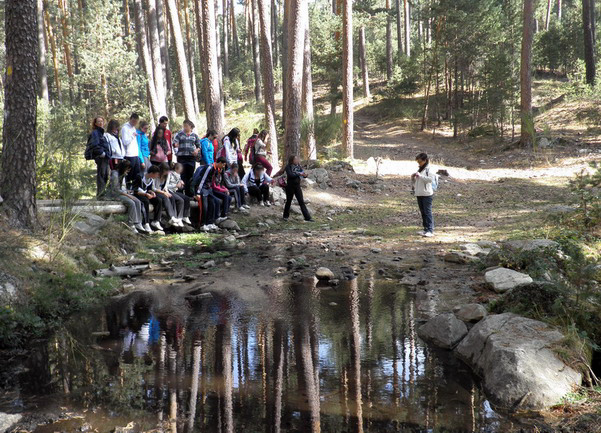 Los alumnos observan un gran charco en uno de los caminos del itinerario