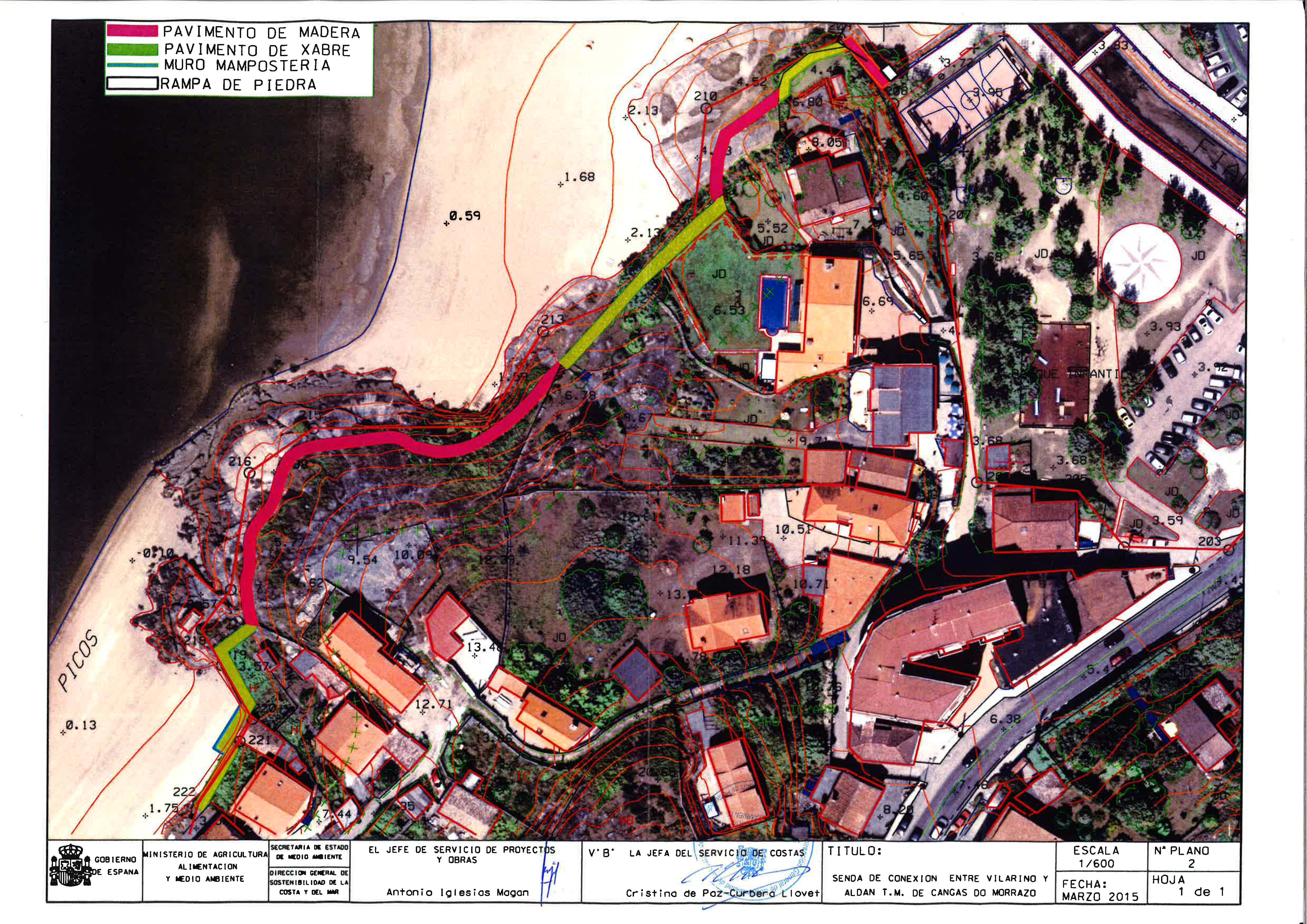 Senda de conexión entre Vilariño y Aldán (T.M. de Cangas). Antes de las obras. Plano de actuación