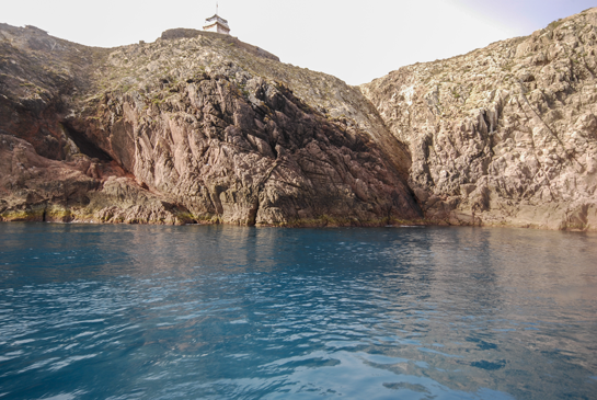 Vista general del punto de inmersión, en la parte superior se puede ver la Torre de la Conquista, punto más alto de la isla de Isabel II.  Se trata de una de las zonas mejor conservadas, desde el punto de vista de las comunidades submarinas, debido a la dificultad de acceso por tierra, que reduce la pesca desde la costa, y a la vigilancia que realiza el destacamento militar desde la Torre de la Conquista, que impide la pesca artesanal por parte de los pescadores marroquíes.