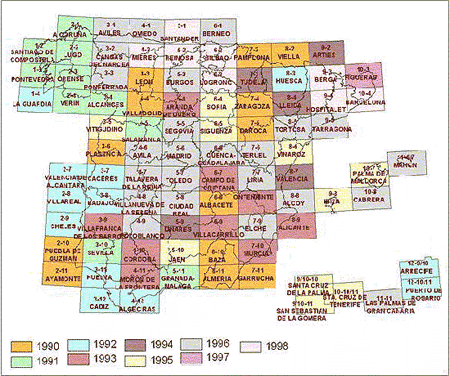 Mapa de distribución de hojas y año de finalización de trabajo de campo (la información se encuentra disponible en la siguiente tabla)